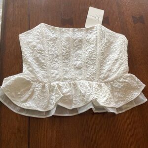 NEW KLESIS strapless top. Jacquard. Ruffles. White. Small. NWT